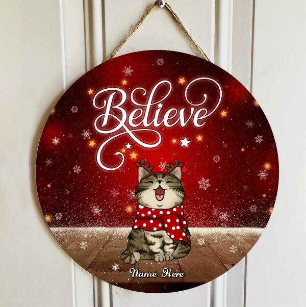 Believe - Red Xmas Background - Personalized Cat Christmas Door Sign