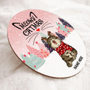 Meowy Catmas - Christmas Cat With Pine Trees - Pinky - Personalized Cat Christmas Door Sign
