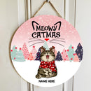 Meowy Catmas - Christmas Cat With Pine Trees - Pinky - Personalized Cat Christmas Door Sign