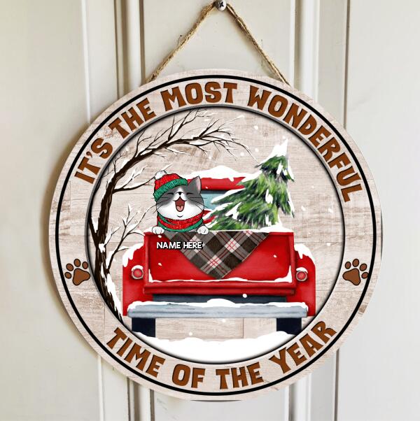 It's The Most Wonderful Time Of The Year - Dark Old Wooden - Red Truck - Personalized Cat Christmas Door Sign