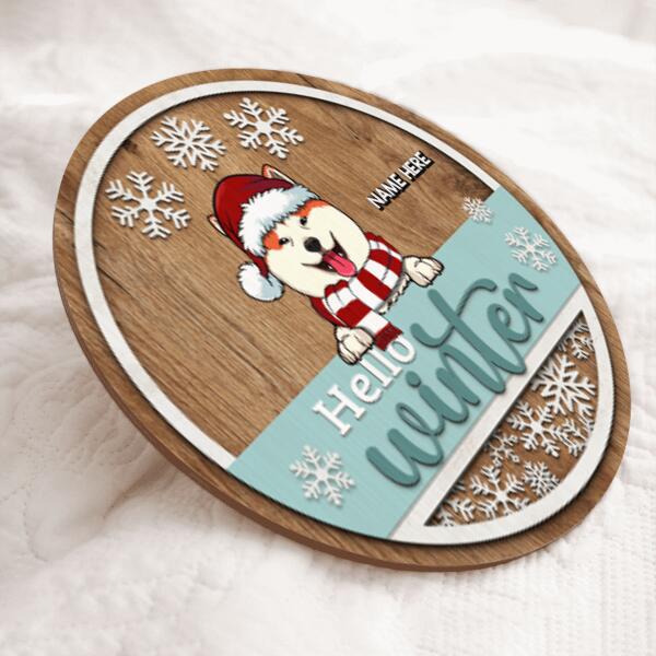 Hello Winter - Wooden - Personalized Dog Christmas Door Sign