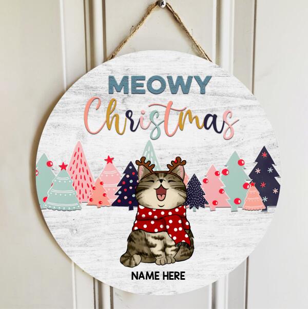 Meowy Christmas - Christmas Cat With Pine Trees - Silver Wooden - Personalized Cat Christmas Door Sign