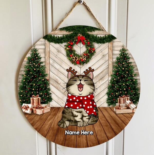 Xmas Cat On Wood Floor - Two Pine Tree With Wreath - Personalized Cat Christmas Door Sign