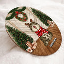 Xmas Cat On Wood Floor - Two Pine Tree With Wreath - Personalized Cat Christmas Door Sign