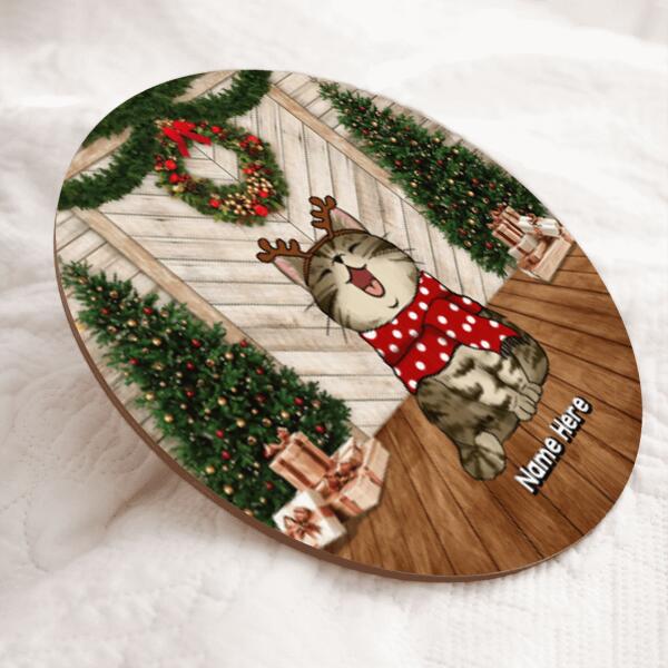Xmas Cat On Wood Floor - Two Pine Tree With Wreath - Personalized Cat Christmas Door Sign