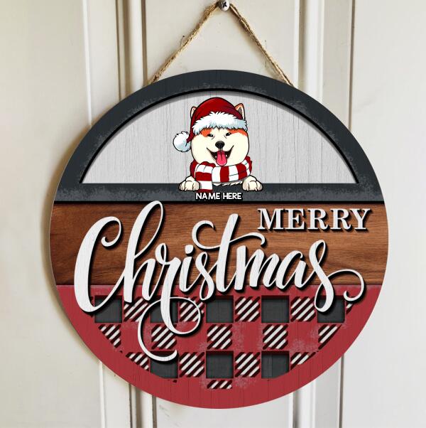 Merry Christmas - Red Plaid Wooden - Personalized Dog Christmas Door Sign