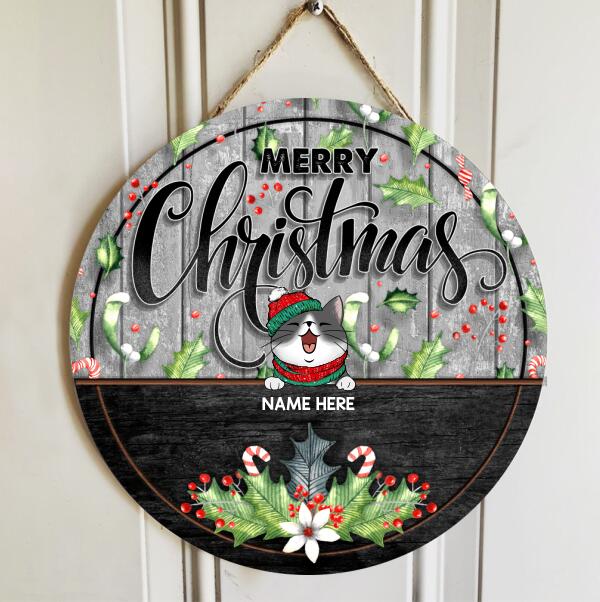 Merry Christmas - Black & Grey Wooden - Personalized Cat Christmas Door Sign