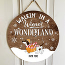 Walkin' In A Wiener Wonderland - Dachshund In Snow - Dark Pale Wooden - Personalized Dog Christmas Door Sign