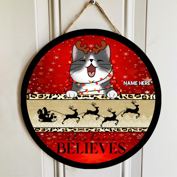 This Home Believes - Santa's Sleigh - Red And Gold - Personalized Cat Christmas Door Sign