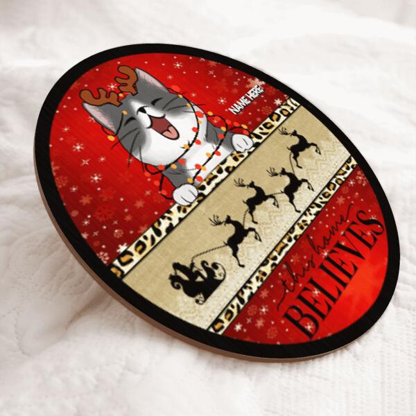 This Home Believes - Santa's Sleigh - Red And Gold - Personalized Cat Christmas Door Sign
