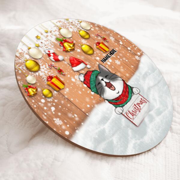 Love Christmas Believe - Snowy Wooden - Personalized Cat Christmas Door Sign