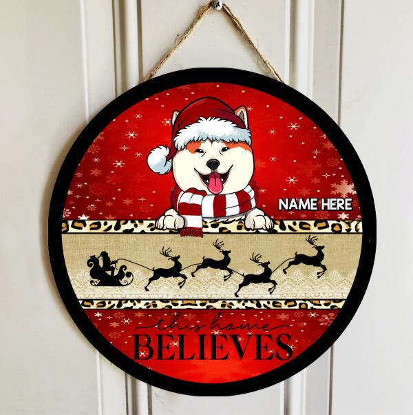 This Home Believes - Santa's Sleigh - Red And Gold - Personalized Dog Christmas Door Sign