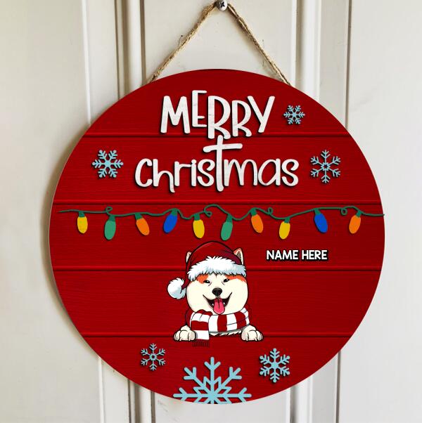 Merry Christmas - String Lights Red Wooden - Personalized Dog Christmas Door Sign