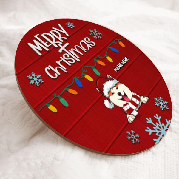 Merry Christmas - String Lights Red Wooden - Personalized Dog Christmas Door Sign