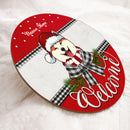Welcome - Red Top And Bottom - Black Plaid Bow - Personalized Dog Christmas Door Sign
