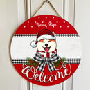 Welcome - Red Top And Bottom - Black Plaid Bow - Personalized Dog Christmas Door Sign