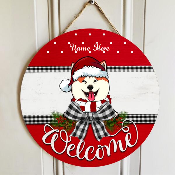 Welcome - Red Top And Bottom - Black Plaid Bow - Personalized Dog Christmas Door Sign