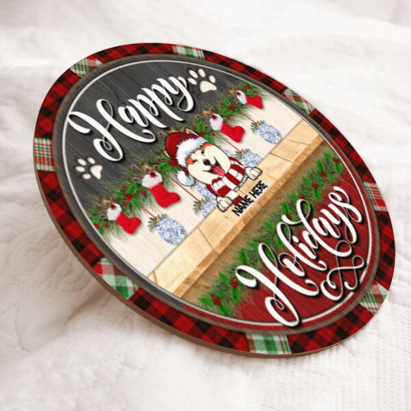 Happy Holiday - Red Plaid Around - Grey And Red Wooden - Personalized Dog Christmas Door Sign