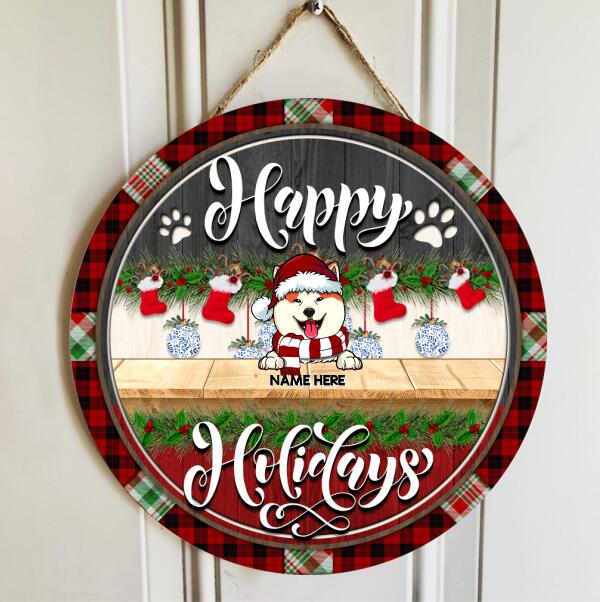 Happy Holiday - Red Plaid Around - Grey And Red Wooden - Personalized Dog Christmas Door Sign