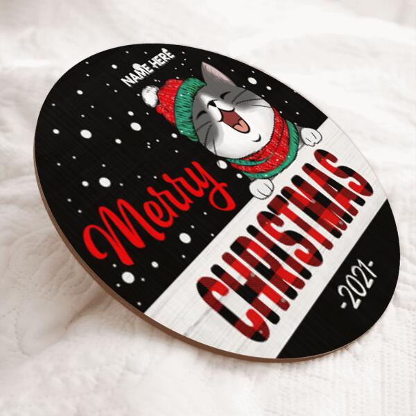 Merry Christmas - White Dots On Black Background - Personalized Cat Christmas Door Sign