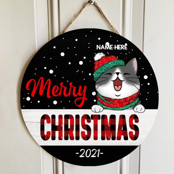 Merry Christmas - White Dots On Black Background - Personalized Cat Christmas Door Sign