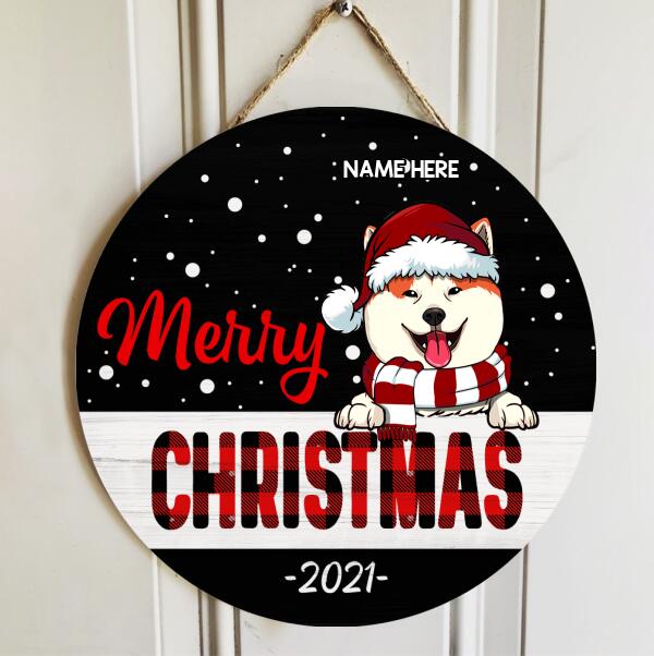 Merry Christmas - White Dots On Black Background - Personalized Dog Christmas Door Sign