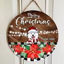 Merry Christmas - Dark Wooden - Poinsettia - Personalized Dog Christmas Door Sign