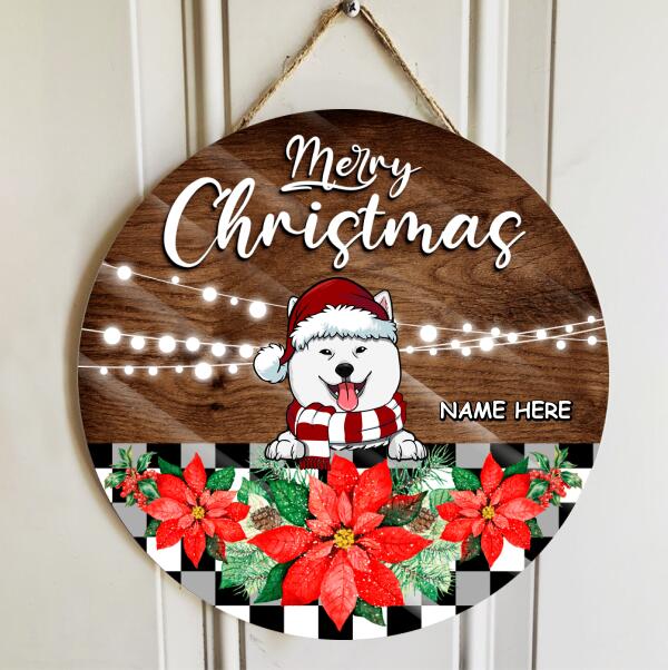 Merry Christmas - Dark Wooden - Poinsettia - Personalized Dog Christmas Door Sign