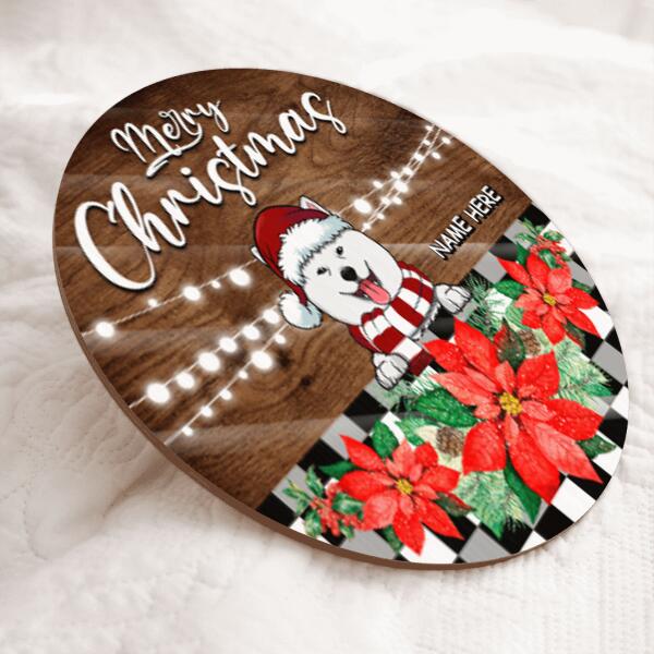 Merry Christmas - Dark Wooden - Poinsettia - Personalized Dog Christmas Door Sign