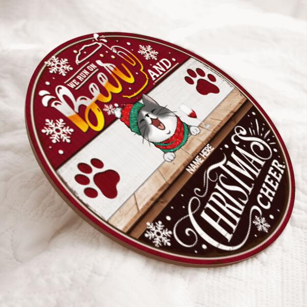 We Run On Beer And Christmas Cheer - Black & Red - Personalized Cat Christmas Door Sign