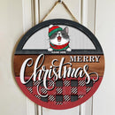 Merry Christmas - Red Plaid Wooden - Personalized Cat Christmas Door Sign