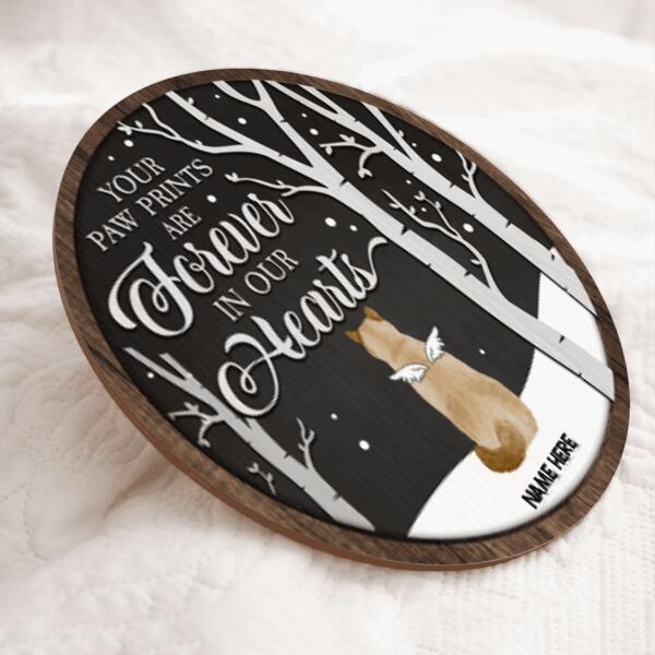 Your Paw Prints Are Forever In Our Hearts - Memorial Black Sky White Tree - Personalized Angel Cat Christmas Door Sign