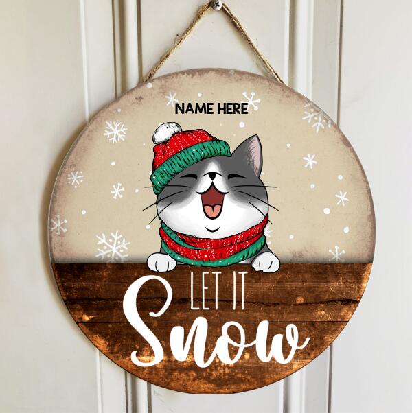 Personalised Let It Snow - Brown Wooden - Personalized Cat Christmas Door Sign