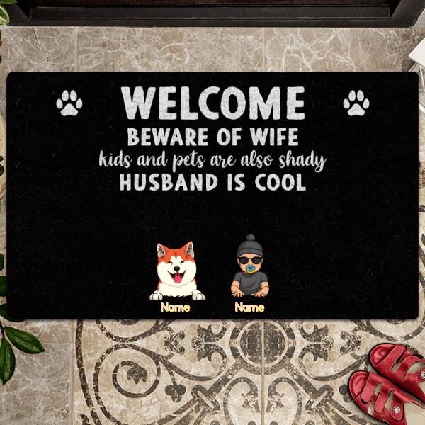 Welcome, Beware Of Wife Kids And Pets, Cool Family Style, Welcome Mat, Home Decor, Personalized Dog & Cat Lovers Doormat