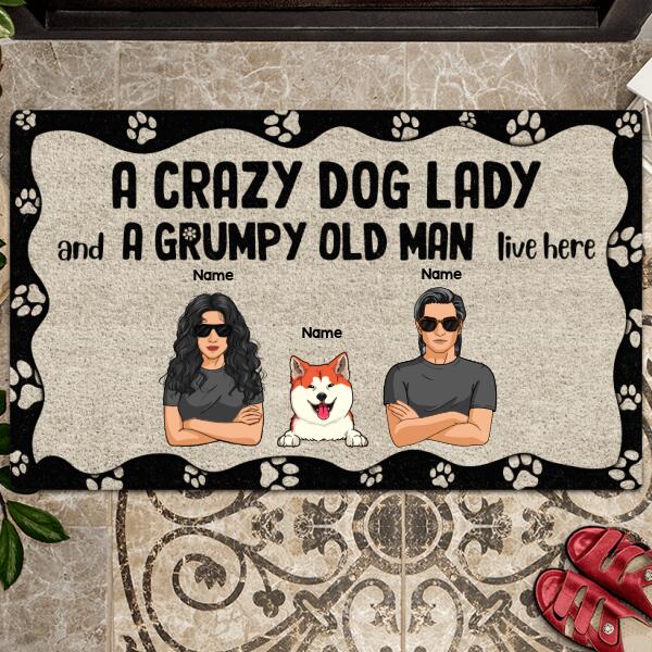 A Crazy Dog Lady And A Grumpy Old Man Live Here, Dog's Paw Print, Personalized Dog Lovers Doormat