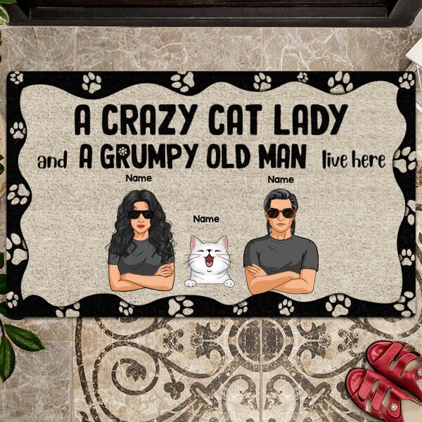 A Crazy Cat Lady And A Grumpy Old Man Live Here, Cat's Paw Print, Personalized Cat Lovers Doormat