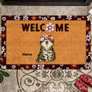 Personalized Doormat, Home Decor Rug, Gift for Cat Lovers Mat, Welcome Home, Chubby Cat With Flower Wreath