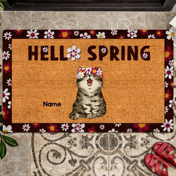 Personalized Doormat, Home Decor Rug, Gift for Cat Lovers Mat, Chubby Cat With Sakura Flower Wreath, Hello Spring