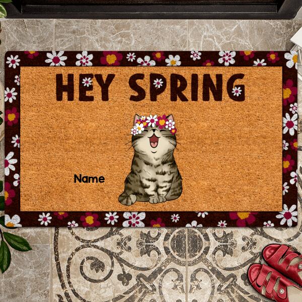 Personalized Doormat, Home Decor Rug, Gift for Cat Lovers Mat, Chubby Cat With Sakura Flower Wreath, Hey Spring