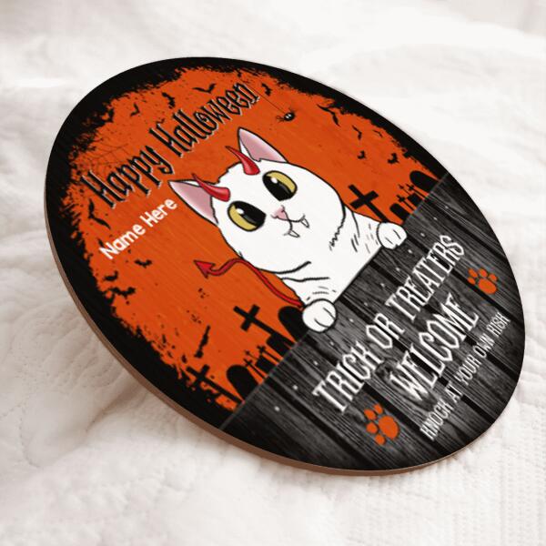 Knock At Your Our Risk - Personalized Cat Halloween Door Sign