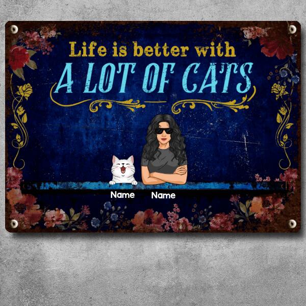 Funny Warning Signs, Gifts For Cat Lovers, Life Is Better With A Lot Of Cats, Welcome Metal Signs, Cat Mom With Her Cats