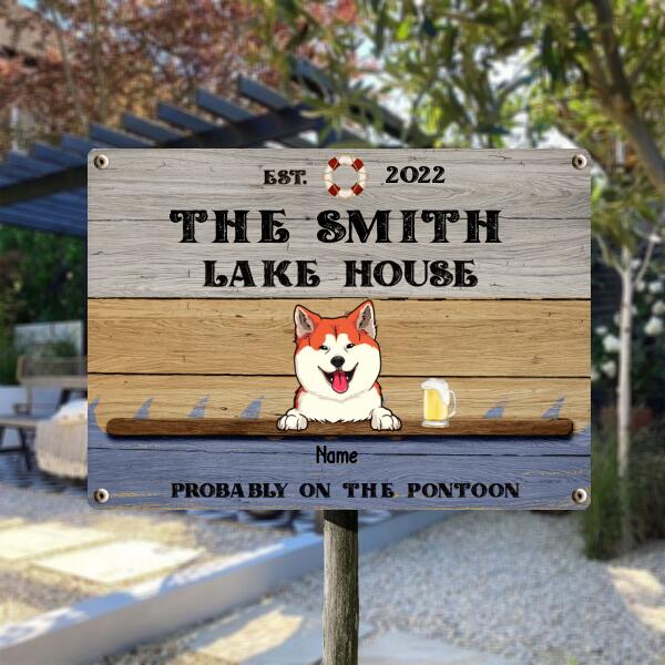 lake house decor Metal Lake House Sign, Gifts For Pet Lovers, Probably On The Pontoon Personalized Family Sign