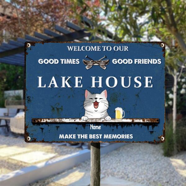 lake house decor Metal Lake House Sign, Gifts For Pet Lovers, Good Times Good Friends Make The Best Memories Blue Welcome Signs