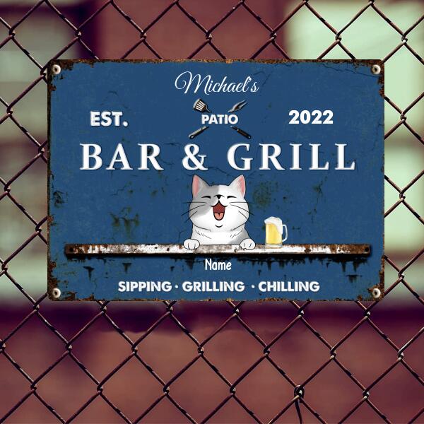 Metal Patio Bar & Grill Sign, Gifts For Pet Lovers, Sipping Grilling Chilling Blue Bar Signs