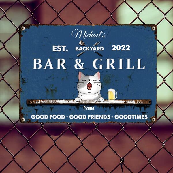 Metal Backyard Bar & Grill Sign, Gifts For Pet Lovers, Good Food Good Friends Good Times Blue Bar Signs