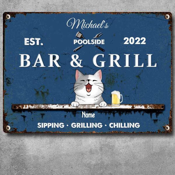 Metal Poolside Bar & Grill Sign, Gifts For Pet Lovers, Sipping Grilling Chilling Blue Bar Signs