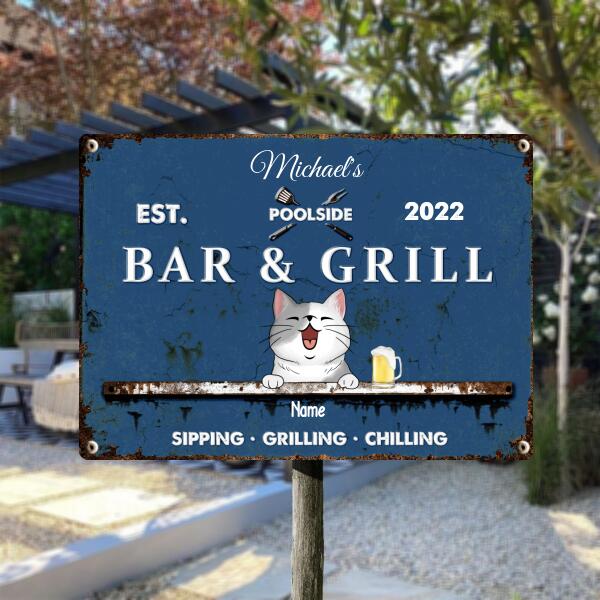 Metal Poolside Bar & Grill Sign, Gifts For Pet Lovers, Sipping Grilling Chilling Blue Bar Signs