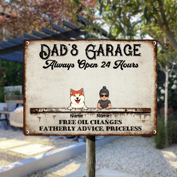 Welcome Metal Garage Sign, Gifts For Pet Lovers, Dad's Garage Always Open 24 Hours Free Oil Changes Vintage Style