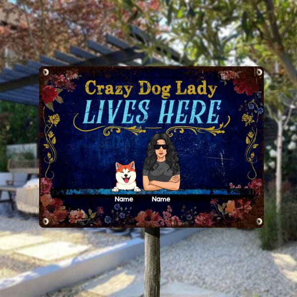 Funny Warning Signs, Gifts For Dog Lovers, Crazy Dog Lady Lives Here, Welcome Metal Signs, Dog Mom With Her Dogs