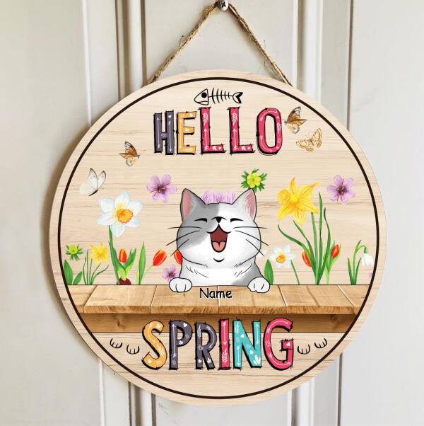 Custom Wooden Signs, Gifts For Cat Lovers, Hello Spring Floral Background Welcome Door Signs